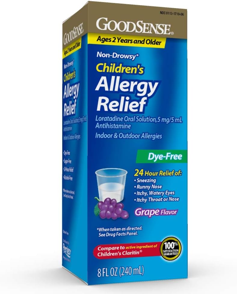 GoodSense Children's Allergy Medicine, 24 Hour Loratadine Oral Solution 5 mg/5 ml, Dye-Free, Non-Drowsy Antihistamine, Grape Flavor, Ages 2 och Older, 8 oz