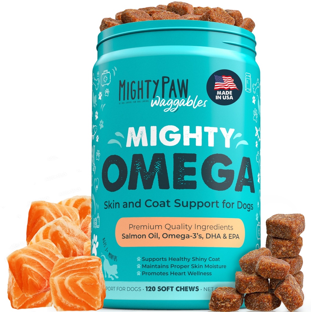 Mighty Paw Waggables Mighty Omega (Made in the USA, 120 Count) | Omega 3 Fish Oil Chew för hundar. Salmon Flavor Skin och Coat Supplement. Soft Chew Fish Oil för hundar - DHA & EPA, Bacon Flavor