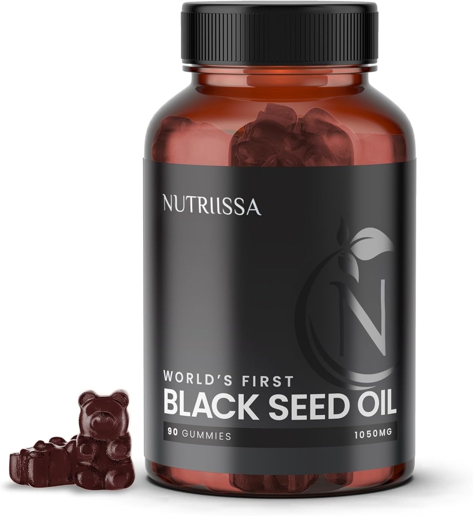 Nutriissa Black Seed Oil + Elder Berry Gummies - Cold-Pressed Black Cumin Seed Nigella Sativa Oil - EPEB Certified for Purity & Potency - 90 Blueberry Flavored Vegan Gummies