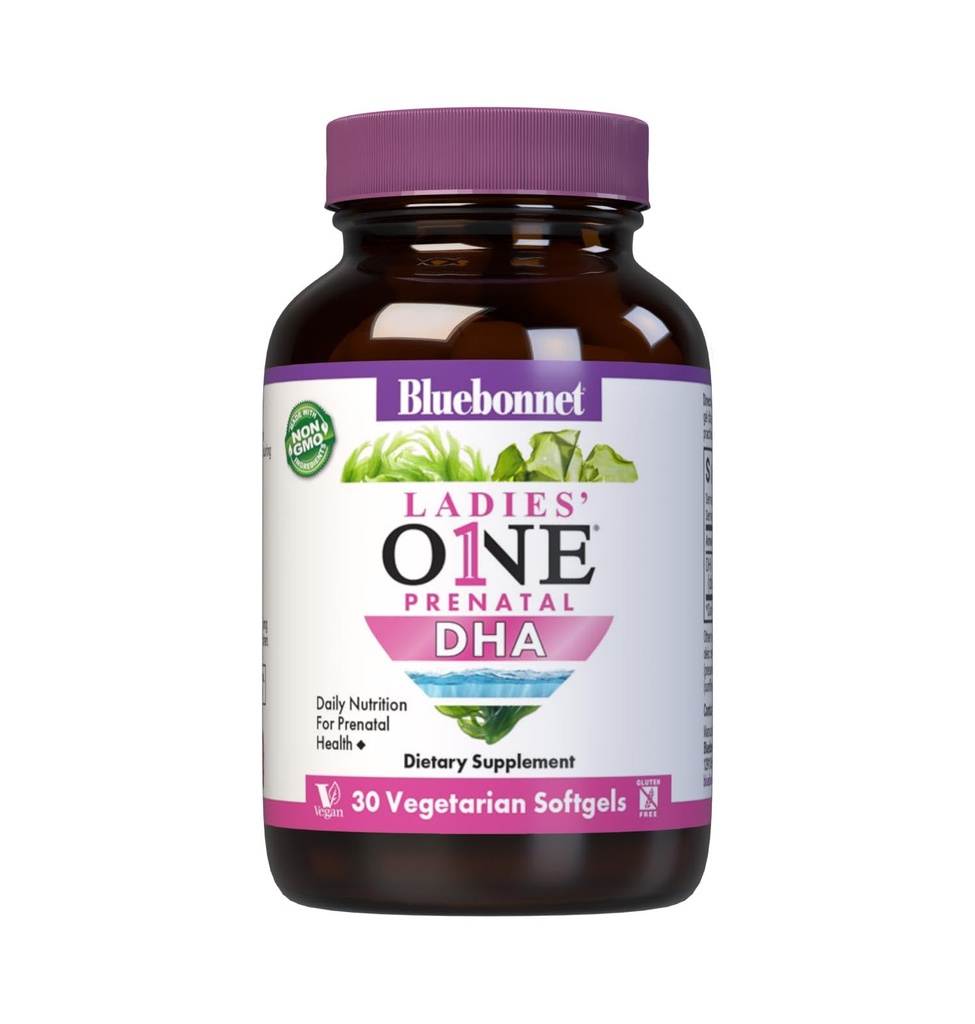 Bluebonnet Nutrition Ladies' One Prenatal DHA, Daily Nutrition for Prenatal Health*, non-GMO, Vegan, Gluteenittomat, 30 kasvissyöjä Softgels, 30 tarjoilua