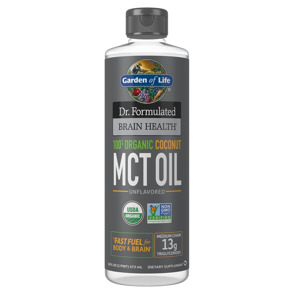 Elämän puutarha Dr. Formulated Brain Health 100% Organic Coconut MCT Oil 16 fl oz Ei makua, 13g MCTs, Body & Brain Fuel, Certified non-GMO Vegan & Gluteeniton, Heksaanivapaa
