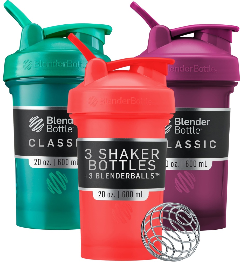 BlenderBottle Classic V2 Shaker Bottle Täydellinen proteiini Shakes ja pre harjoitus, 20-Ounce (3 pakkaus), punainen, vihreä, luumu