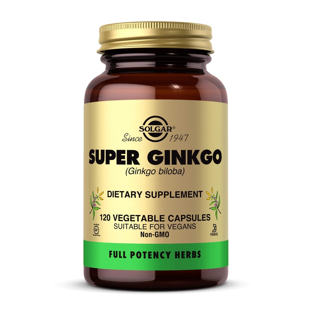 Solgar Super Ginkgo, 120 kasvikapselia - Täysi teho (FP) - Antioksidanttien ja hermoston tuki - aivojen terveys - ei-GMO, vegaaninen, gluteeniton, maitotuotteeton, Kosher - 120 tarjoilua