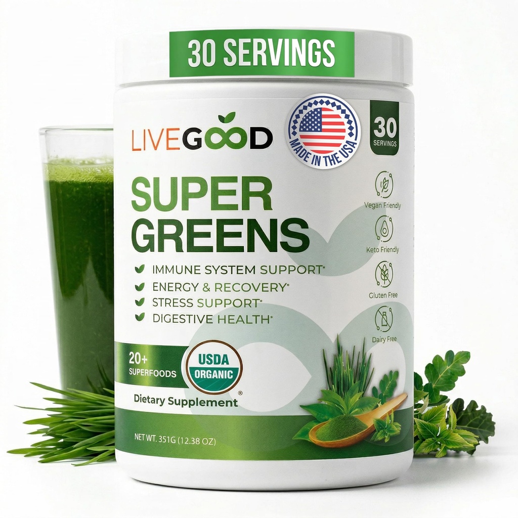 LiveGood Super Greens Powder Organic Superfood med Wheat Grass Powder, Daglig Superfood Pulver för immunstöd, energi och Detox, Grönt Juice Powder Supplement (30 portioner), 12,38 Oz