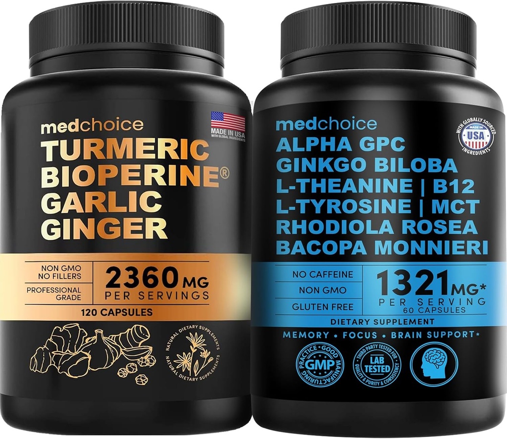 MEDCHOICE Turmeric & Inkivääri (120ct) ja Nootropic Brain (60ct) täydennysosa Bundle - Wellness Duo for Joint, Digestion, Brain, & Mood Support - Vegan, non-GMO, Gluteenittomat