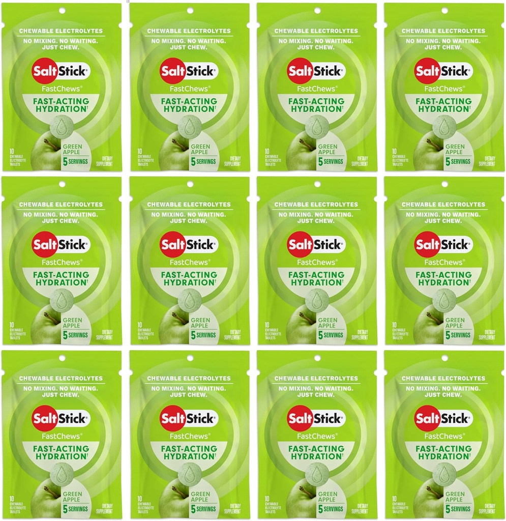 SaltStick Electrolyte FastChews - 120 Count Green Apple Flavor - Elektrolyte tabletteja nesteytys, Salt Tables - 10 Count (Pack of 12)