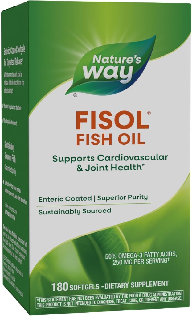 Naturens Way Fisol Fish Oil, Enteric Coated, stöder kardiovaskulär och gemensam hälsa *, Mega Potency Omega-3s, 180 Softgels (Packaging May Vary)