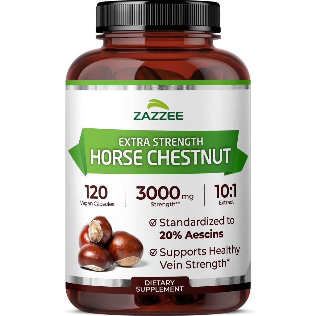 Zazzee Extra Strength Horse Chestnut 10:1 uute, 3000 mg vahvuus, 20% Aescins, 4 kuukauden tarjonta, 120 Vegan kapselit, tiivistetty ja standardoitu 10X uute, kaikki luonnolliset, ei-GMO, valmistettu Yhdysvalloissa