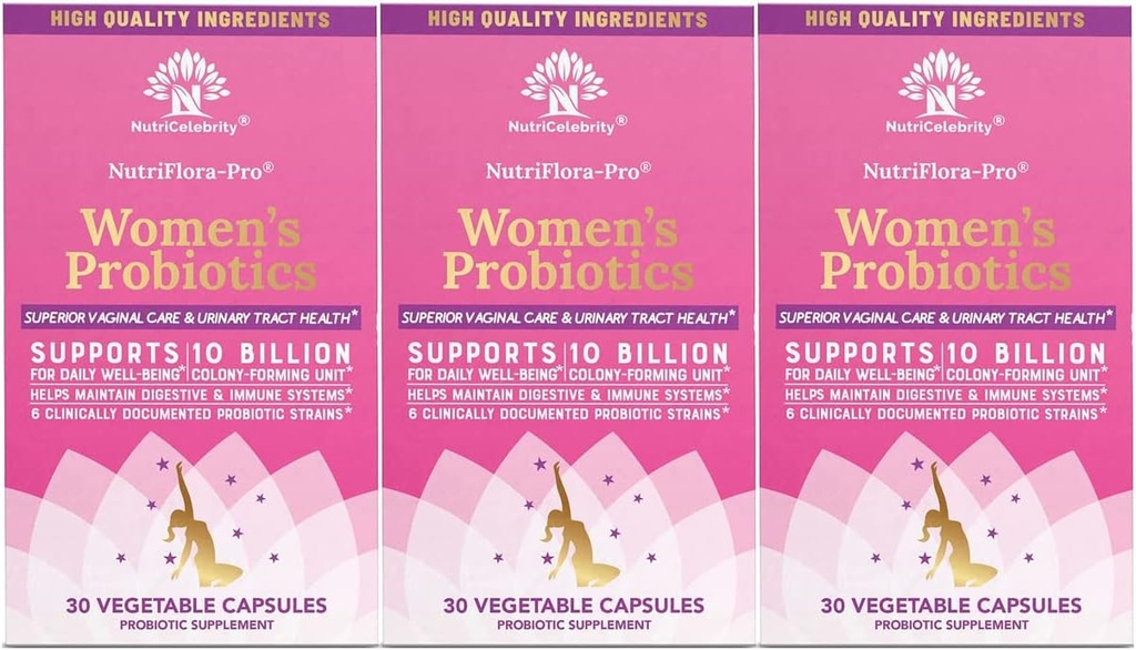 Nutricelebrity Probiootit naisille 10 miljardia PMY 6 kannat, orgaaniset prebiootit digestiivisille, emättimelle ja immuuneille, PH Balance & Feminine Health, period Pain, BV Relief, Cranberry Extract + 3 Pack