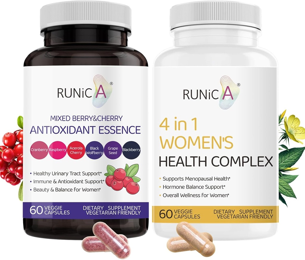 4 in 1 Naiset Menopause Supplement & Mixed Berry Cherry Antioxidants Supplement Bundle - Soy Isoflavones, Karpalo ja enemmän