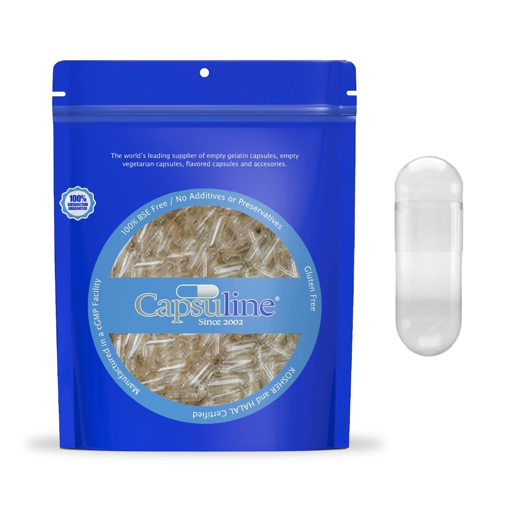 Capsuline Koko 00 - Tyhjä Tyhjä Liivate Kapselit - 5000 Kreivi - Tyhjä geelipilleri kapselit - DIY Puhdas naudan pilleri kapseli Täyttö - Tyhjä Caps - Kosher, Gluteeniton ja Halal Certified Clear