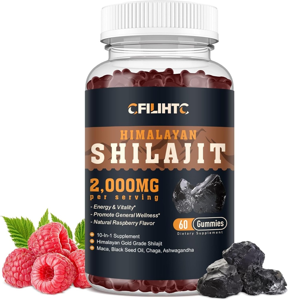 Shilajit Gummies 2000mg - Shilajit Pure Himalajan Organic for Men & Women 85+ Trace Minerals Shilajit Harsin Ashwagandha, Maca, Musta siemenöljy - energia, aivot, immuniteetti, sokeriton vadelma 60ct