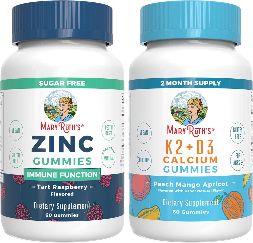 MaryRuth Organics Sinkki (Tart Vadelma) & K2-vitamiini + D3 Kalsium Gummies (Peach Mango & Aprikoosi) 