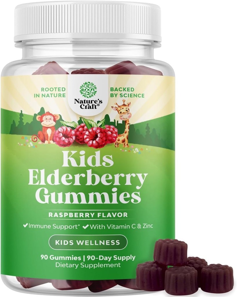 Natures Craft Sambucus Elderberry Gummies lapsille Terveys - Herkullisia Musta Elderberry Gummies sinkkiä ja C-vitamiinia lapsille Immuuni tuki - Liivate ja gluteeniton GMO Immuniteetti Tuki 90