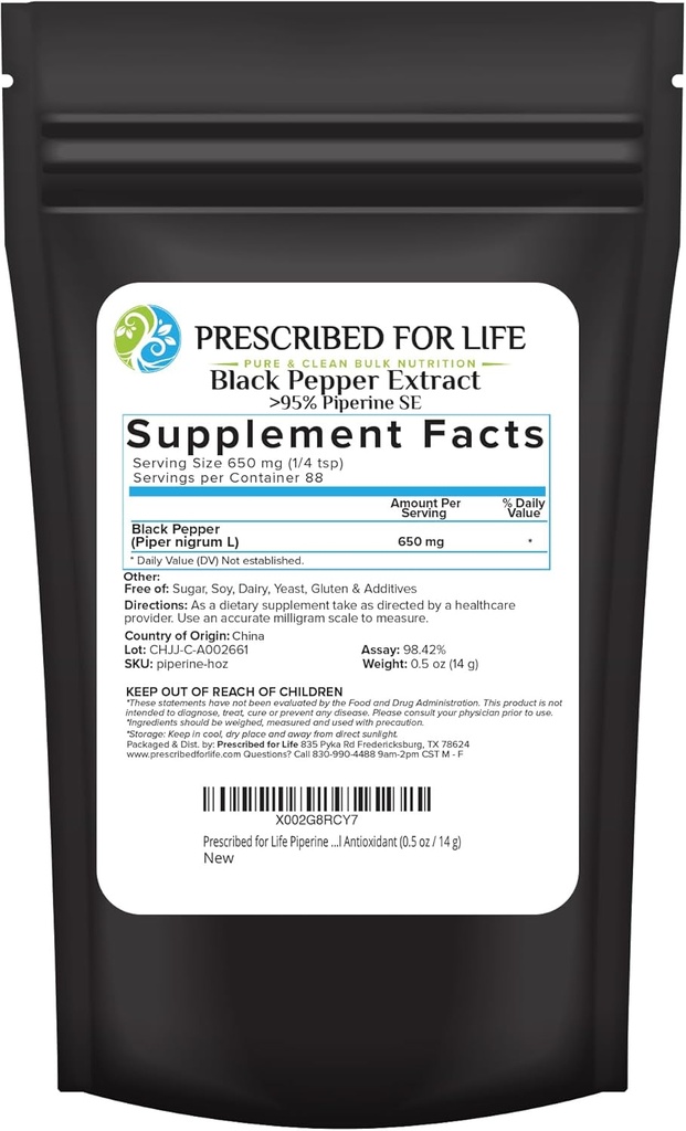 Förskriven för Liv Piperinpulver, 95% Black Pepper Extract Powder, ökar näringsabsorption, Gluten Free, Vegan, icke GMO, Natural Antioxidant (0,5oz / 14g)