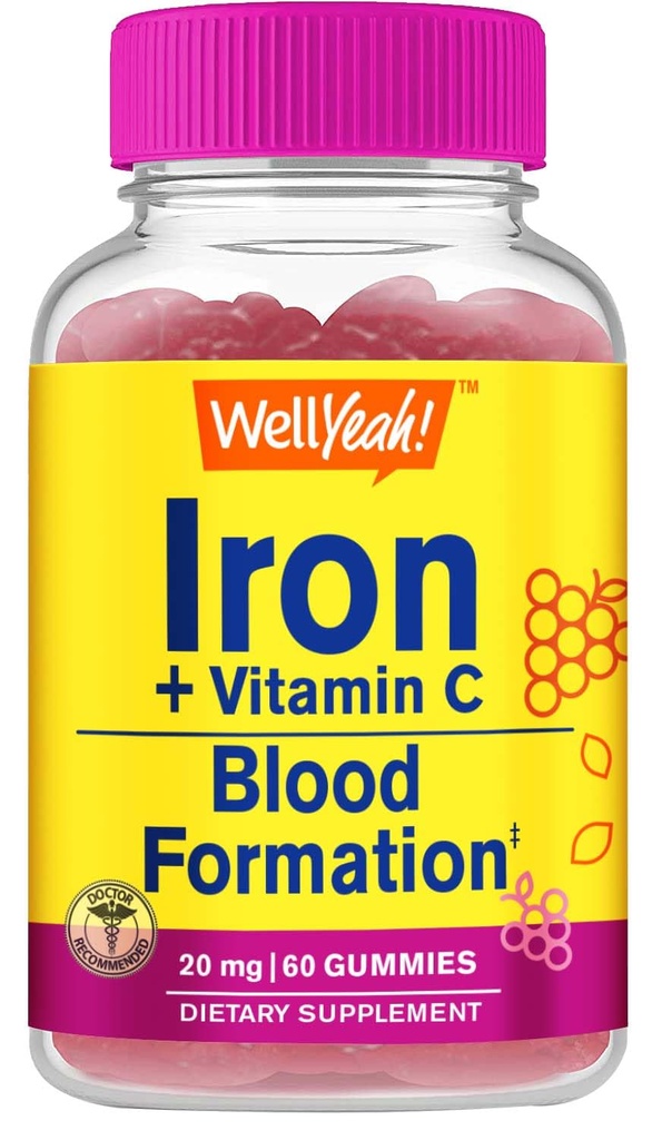 WellYeah Iron Gummies kanssa C-vitamiini - Anemia ja solujen energiatuki, edistää Red Blood Cell Formation - Energy & Immunomy System Support - Natural Grape Flavor-60 Gummies
