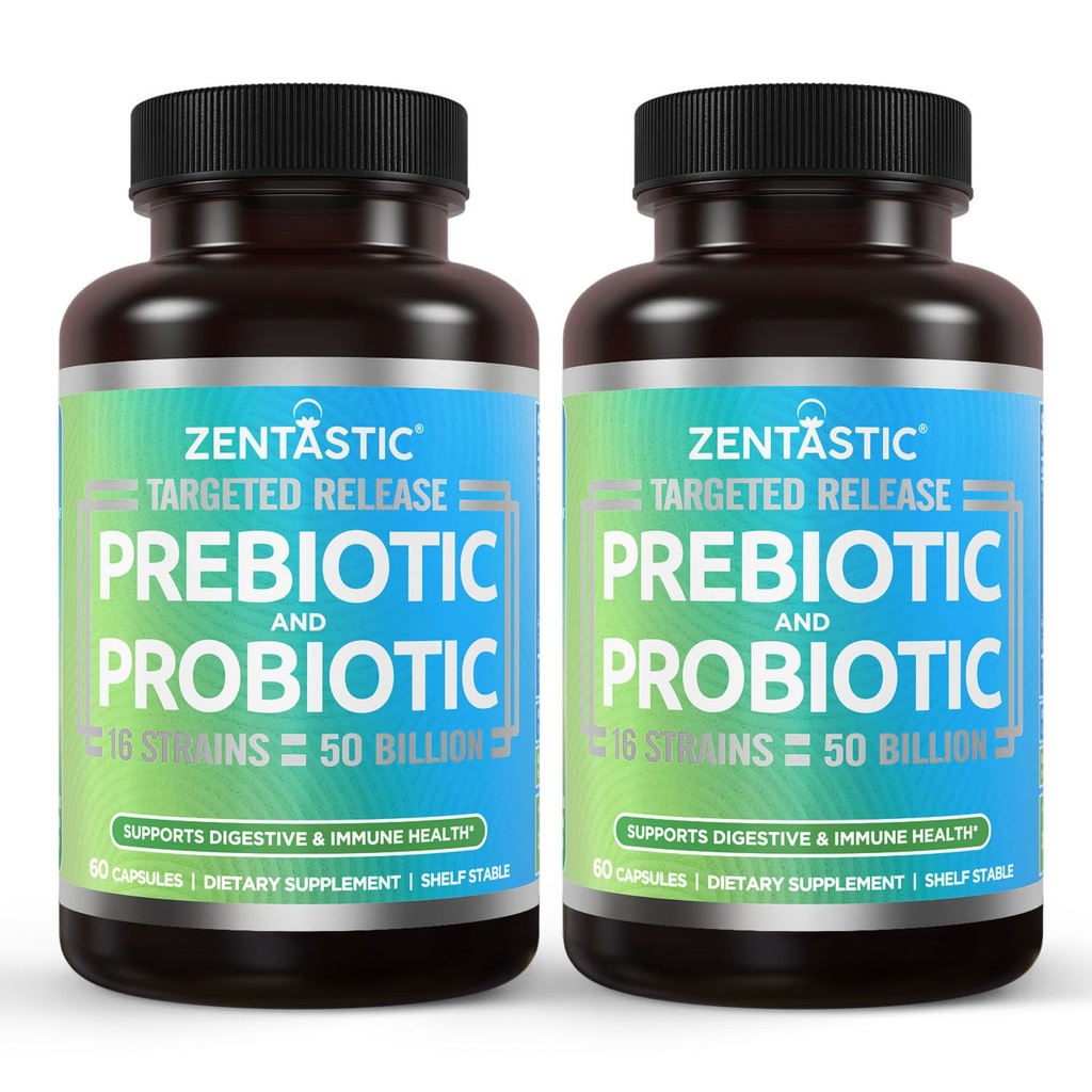Zentastic Probiootit & Prebiootit Supplement - 50 miljardia PMY - miehille & naisille Immuuni & Ruoansulatus - 16 kanta - Säilyvyys vakaa - 120 Viivästynyt julkaisu kasviskapselit