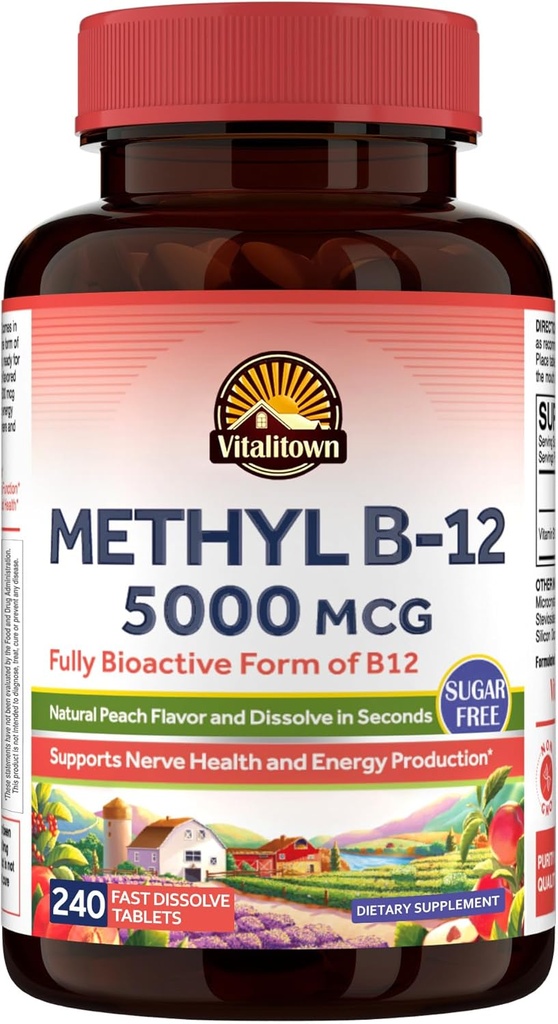 Vitalitown B12-vitamiini (Metyyli B12) 5000 mikrog, Täysin bioaktiivinen lomake, Tuki energiantuotanto, Luonnollinen Peach Flavor, nollasokeri, 240 nopeasti liuotettavaa tablettia