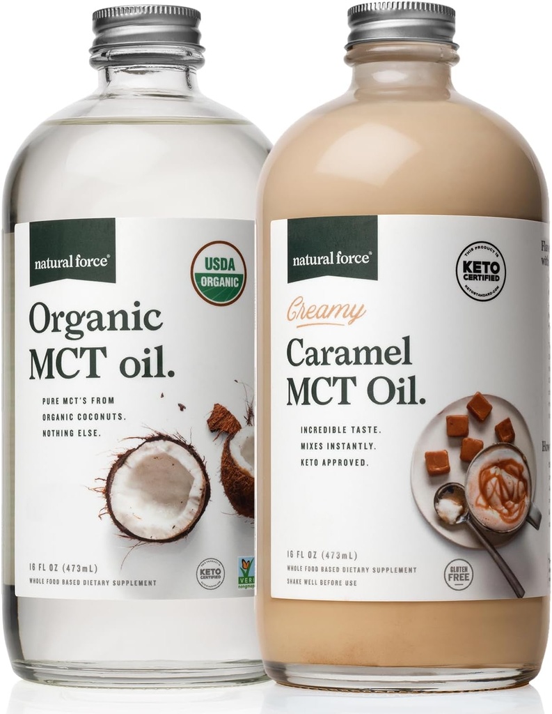 Luonnonvoima Kermainen karamelli MCT Öljy + Organic Full Spectrum MCT Öljy ... Gluteeniton, ei-muuntogeeninen, 100% puhdas Kookospähkinä MCT Organic Coconuts Keto, Paleo ja Vegan 2x 16 Ounce Glass pullot