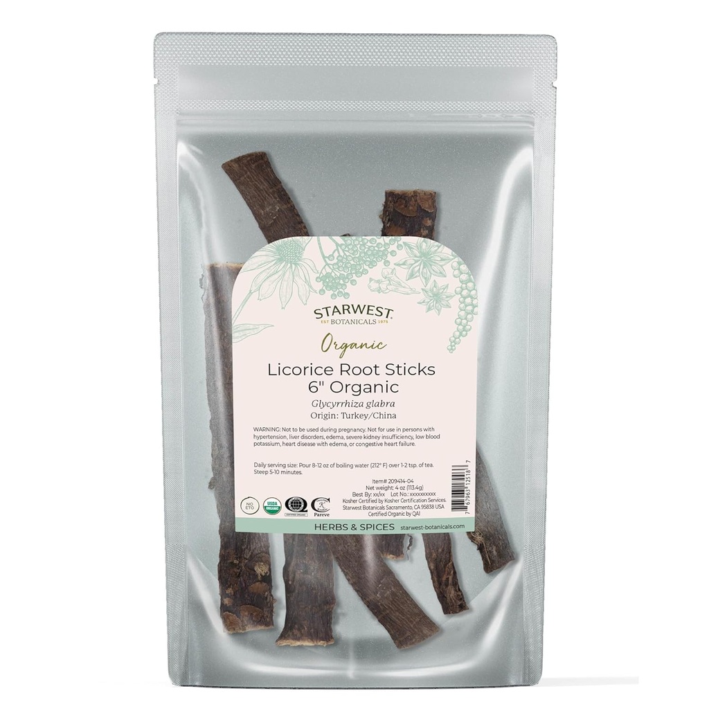 Tähtilän kasvitieteelliset Luomukuivatut lakritsijuuritikut 6" - Herb Loose Leaf Tea Blends, Candy, & Baked Goods, Leikko & Sifted, Certified Kosher, Ei GMO - 4 oz Pouch