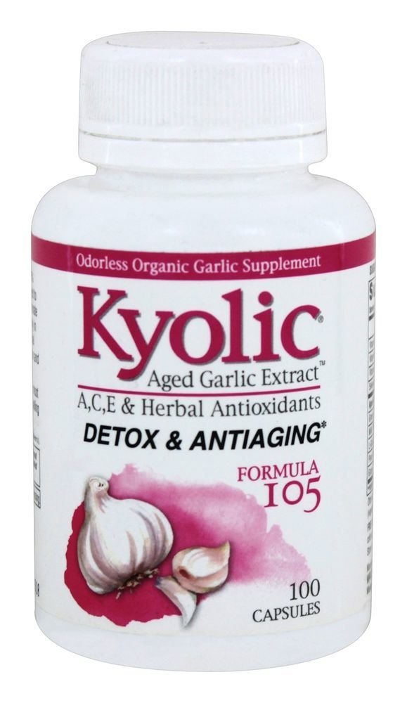 Kyolic Aged valkosipuliuute Formula 105, Detox ja anti-aging, 100 kapselia (Pakkaus toukokuussa Vary)