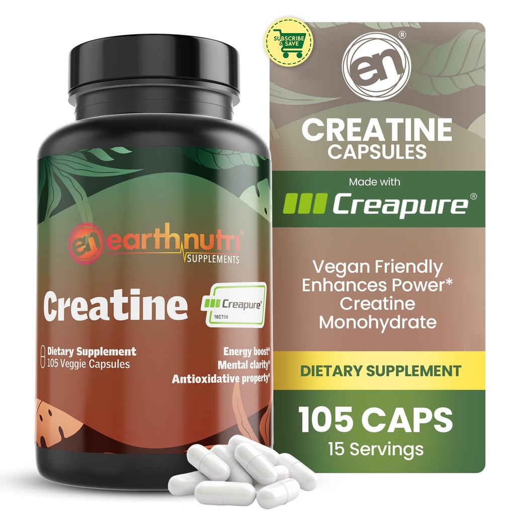 EarthNutri Creatine Monohydrate Capsules - Micronized för bättre absorption - stöder muskelstyrka, styrka och återhämtning - 105 kapslar (5000mg per portion, 7 kapslar)