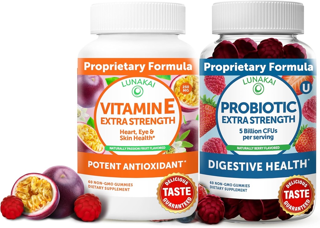 Lunakai Vitamin E och Probiotic Gummies Bundle - 3000 mcg Gummies för vuxna energistöd - med 5 miljarder CFU per servering för matsmältningshälsa - Non-GMO, All Natural