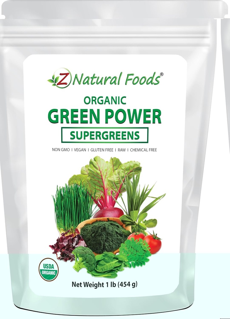 Z Natural Foods Organic Greens Superfood Powder - Ohra Grass, Wheatgrass, Spirulina, Pinaatti, Parsakaali, Alfalfa Leaf, juurijuurikas, Tomaatti, Dulse & Moringa - Raw Vegan Gluteeniton - 1lb