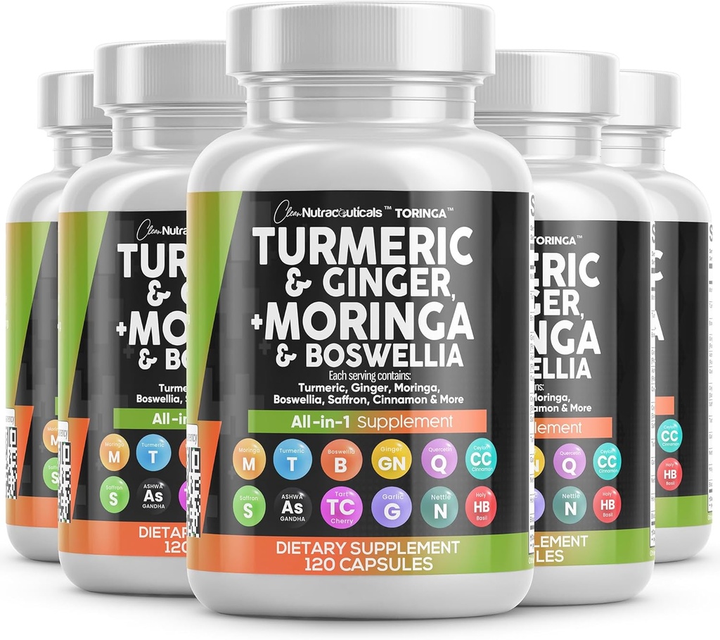 Kurkuma Moringa Supplement ... Inkivääri Boswellia Saffron - Supplement for Women and Men with Ceylon Cinnamon, Tart Cherry, Quercetin Valkosipulin Nettle Holy Basil - 5Pack