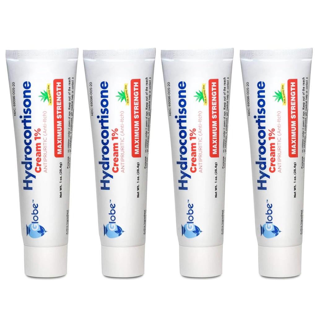 Globe (4 pakkaus) Hydrokortisoni Maximum Strength Anti-Itch Cream 1% w/Aloe, Intensive Formula for Redness, Ihottuma, Bug & Mosquito Bites, Ekseema, peräpukamat, Sensitive Skin, Instant Itch Relief,1 oz Tube