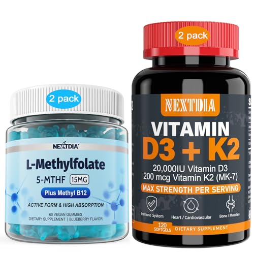 D3-vitamiini 20 000 IU + K2(MK7) 200 mikrog, L-metyyliFolate 15 mg & Metyyli B12 Gummie