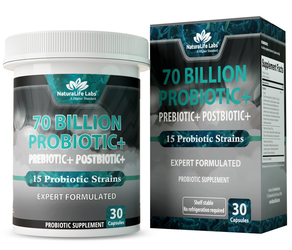 NaturaLife Labs Probiotics 70 miljarder CFU - 15 stammar med organisk prebiotisk och postbiotisk - 3-i-1 Formel - 30 Vegan kapslar