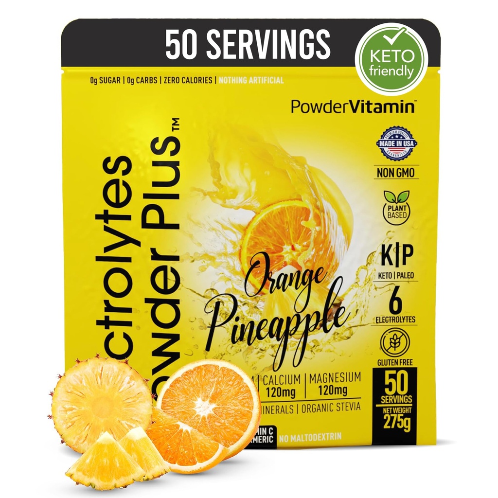 Elektrolyyttejä Powder Plus (50 tarjoilua), 0 Calorie Keto, 0 sokeria, ei maltodekstriini, 1000 mg kalium, 120 mg kalsium, 120 mg magnesium, nesteytysjauhe (50 tarjoilua, oranssi ananas)