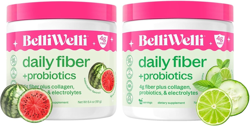 Belli Welli Daily Fiber Supplement Bundle - Cucumber Lime Mint & Watermelon - med Collagen, Probiotics & Electrolytes - Uppfriskande Wellness Flavors, 32 Total Servings