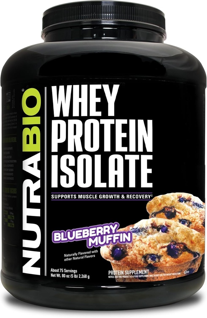 NutraBio 100% Whey Protein Isolate Protein Powder 25g Protein with Complete Amino Acid Profile, Non-GMO, Soy and Gluten Free, Low Carb and Low Calorie Whey Protein Powder - Mustikka Muffin - 5 Lbs.