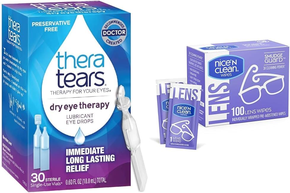 TheraTears Dry Eye Therapy Lubricant Eye Drops, Säilöntäaineeton, 30 injektiopulloa ja Nice 'N Clean SmudgeGuard Lens Puhdistuspyyhkeet, 100 pyyhkeitä