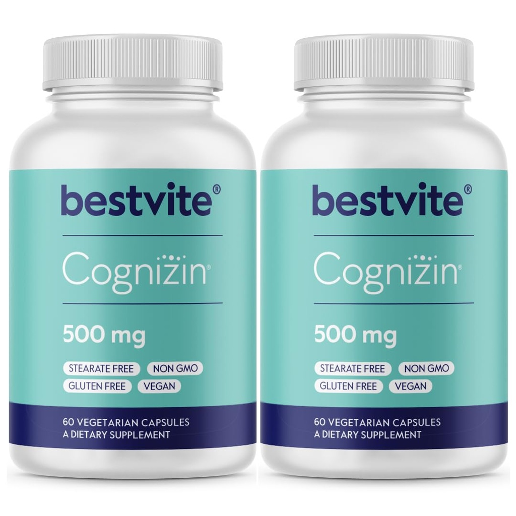 BESTVITE Cognizin Citicoline 500 mg (120 kasvissyöjän kapselia) (60x2) - Kliinisesti tutkittu Premium Choline Nootropic - No Stearates - Vegan - Gluteeniton - Aivolisäkkeet muistia ja keskittyä
