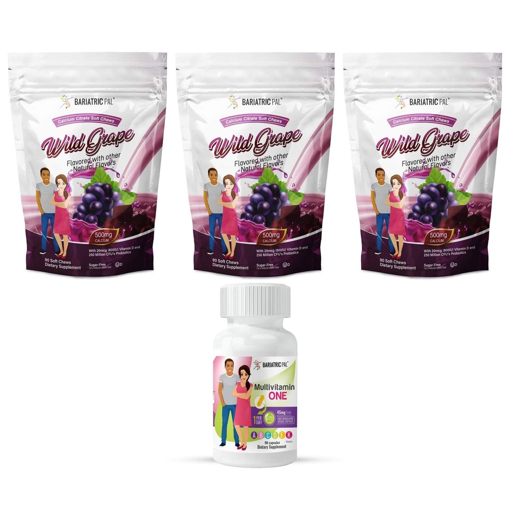 BariatricPal 90-päivän bariatrinen vitamiini Bundle (Multivitamiini ONE 1 per päivä! Kapseli, jossa 45 mg rautaa ja kalsiumia Sitraattia 500 mg Probiootteja - Wild Grape)