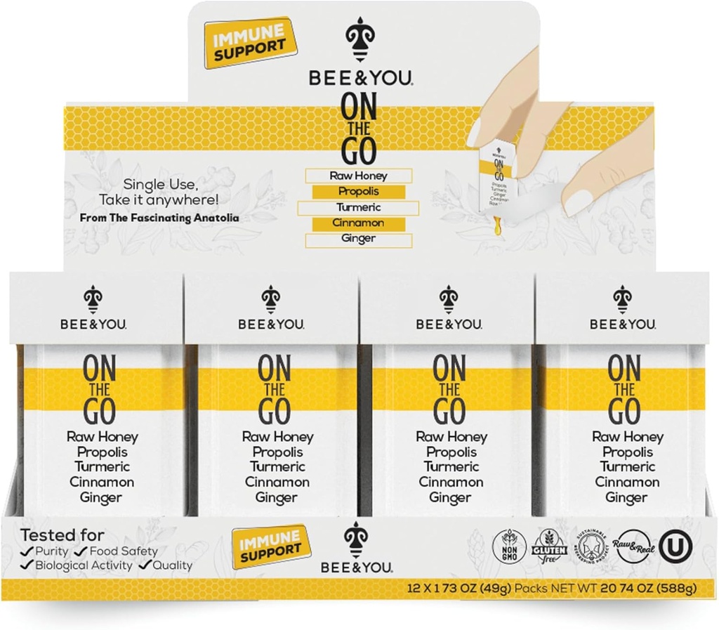 Mehiläinen ja Sinä On The Go, Immuunin tuki täydentää, Raw Honey, Propolis, Turmeric, Cinnamon, Inkivääri, Superfrood, Great Maistuuko, lapsille ja aikuisille, 12 Pack, 1,73 oz Each