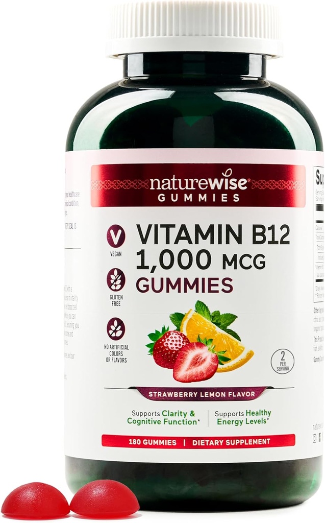 NatureWise B12-vitamiini Gummies for Aikuinen, 1000 mikrog - Mansikka sitruuna maku - Tukee Päivittäinen energia, Mielen kirkkaus, kognitiivinen toiminto - Vegaani, Gluteeniton, ei-muuntogeenisiä - 180 Count [53]