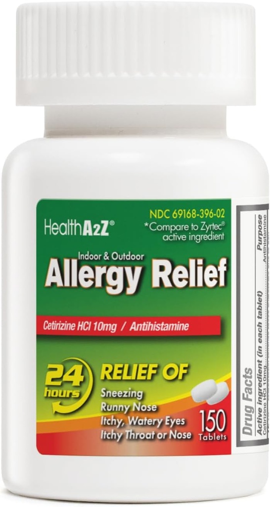 HealthA2Z® Allergy Relief | Cetirizine 10mg | All Day Allergy Relief | Indoor & Outdoor | Relief från Itchy Throat, Sneezing, Runny Noses (150 greve av 1)