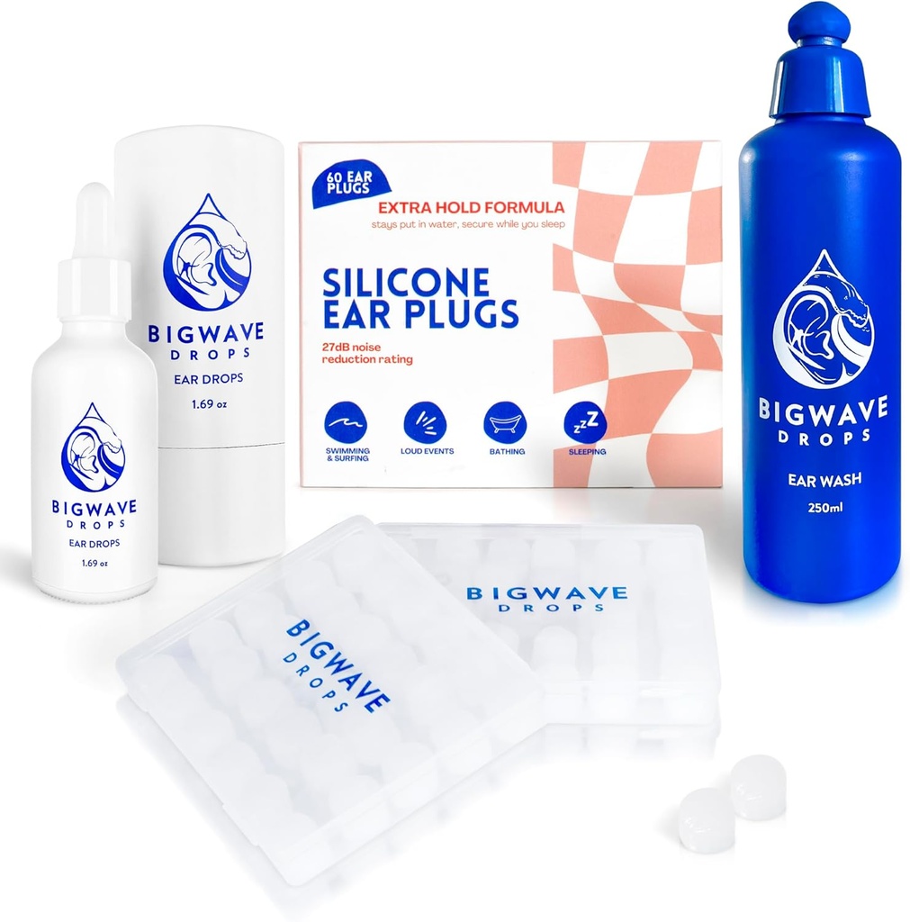 Ear Care Bundle - Inkluderar örondroppar, Ear Wash & Silicone Ear Plugs - för simmare, idrottare, dykare, resenärer - Ear Care Products för män, kvinnor, barn och vuxna - Bästa simmare present