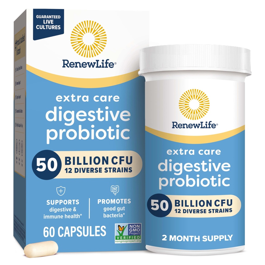 Renew Life Extra Care Digestive Probiotic Capsules, 50 miljarder CFU garanterat, dagligt tillskott stöder immun, Digestive, andningshälsa (1), L. Rhamnosus GG, Dairy, Soy och Gluten-Free, 60 Count