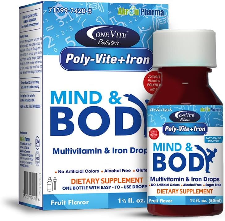 Poly-Vite + Järn multivitamin järn droppar för spädbarn & småbarn - Stöder stark tillväxt, hjärnutveckling, immunhälsa - Inga konstgjorda färger, glutenfri, 50ml Dropper flaska av en Vite