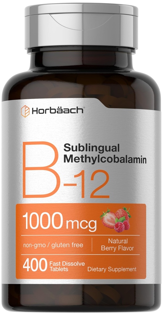 Horbaach Vitamin B12 1000 mcg Sublingual | 400 Fast Dissolve Tablets | Methylcobalamin Supplement för kvinnor och män | Berry Flavor | Vegan, icke-GMO och Gluten Free