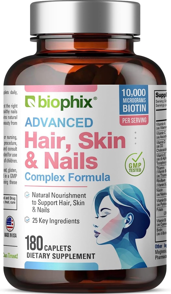 biophix hiukset iho ja kynnet Complex 180 Caplets 10 000 mikrog Biotin - Multivitamiini tukee vahvat kynnet Kaunis hiusten terve ikääntyminen