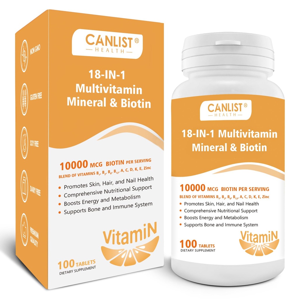 Hair Skin och Nails Multi-Vitamin för Män & Kvinnor, 10000mcg Biotin & Multimineral, Innehåller B-Vitaminer, Vitaminer C, E & D3, Trace Minerals, Zink, Gluten-Free, Dairy-Free, Soy-Free, 100 tabletter