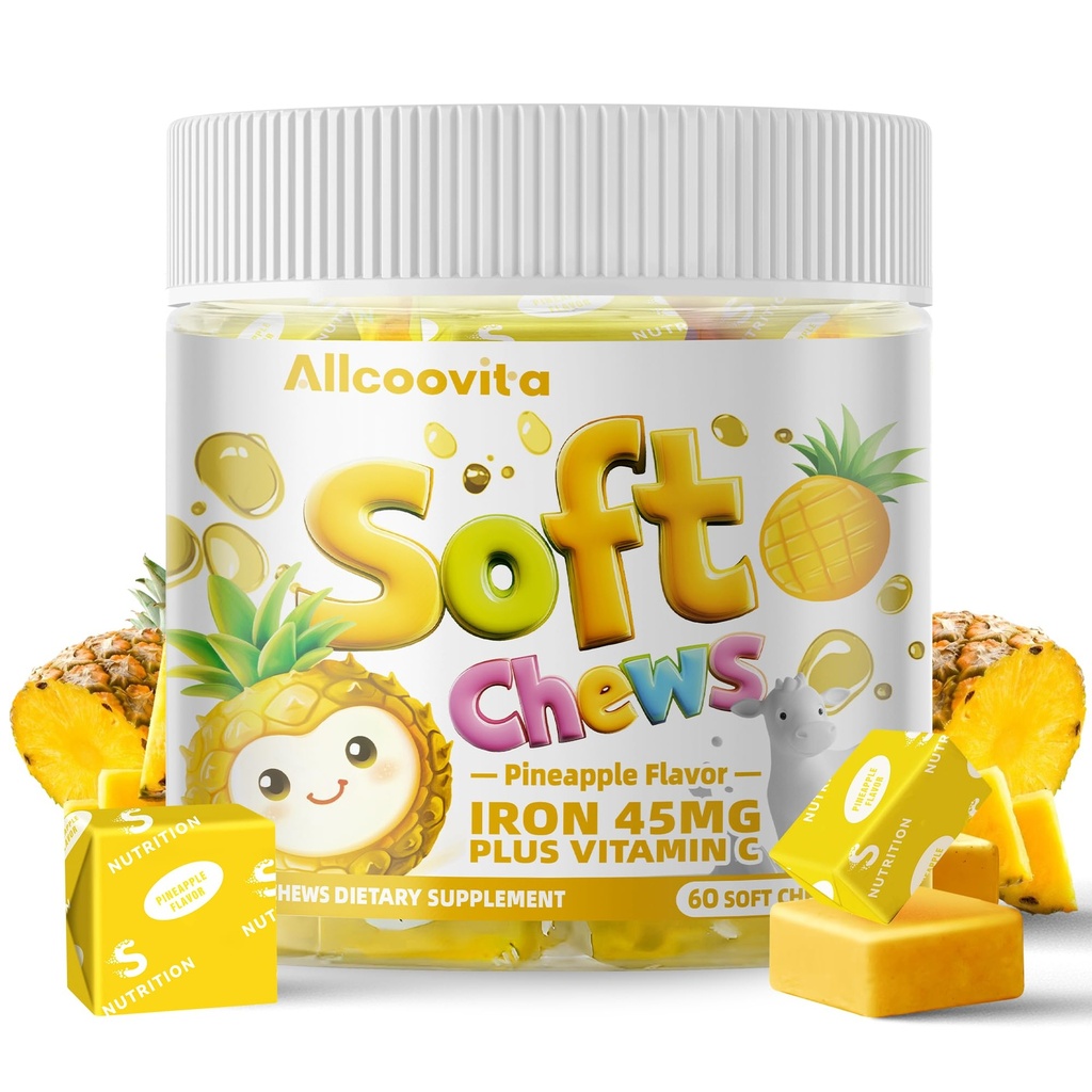 Iron Soft Chews Supplement C-vitamiinia . Ananaksen makuinen... Gluteeniton... Iron Supplement for Women Miehet ja lapset... 60 Count .. 2 kuukausi tarjonta
