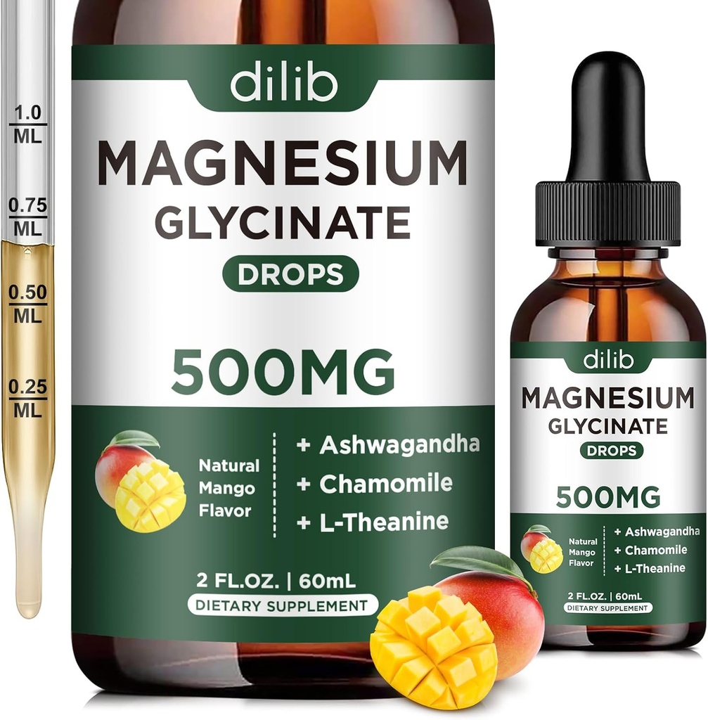 Magnesium Glycinate Supplement, Magnesiumnesteen tippa magnesium Glycinate 500 mg Ashwagandha, L - Theanine, kamomilla - Tuki Stressi Relief, luu, lihas, Mood Vegan Natural Mango Flavor