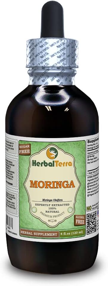 Moringa (Moringa Oleifera) Glyseriitti, Luomukuivattu lehtijauhe Alkoholiton nesteuute (Brandin nimi: HerbalTerra, Proudly Made in USA) 4 fl.oz (120 ml)